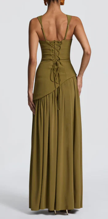 Elegant A-Line Square-Neck Spaghetti-Strap Corset-Back Olive Green Floor-Length Prom Dress.