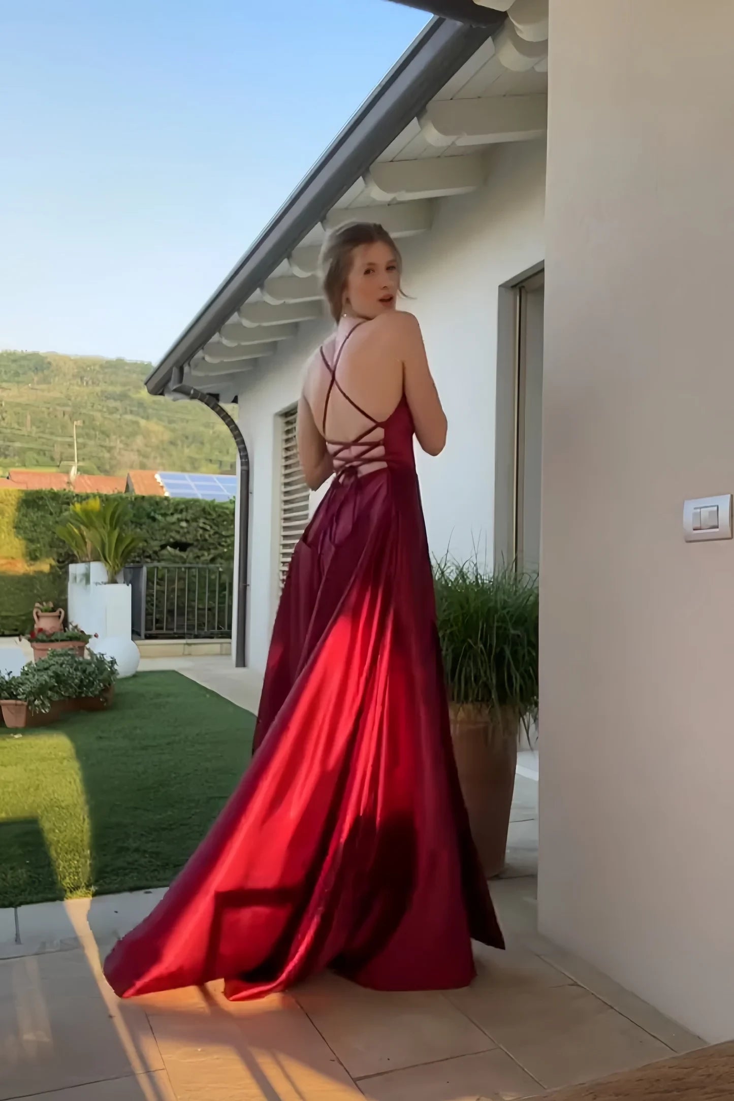 Elegant A-Line Square-Neck Spaghetti-Strap Crisscross-Back High-Slit Train Evening Dress