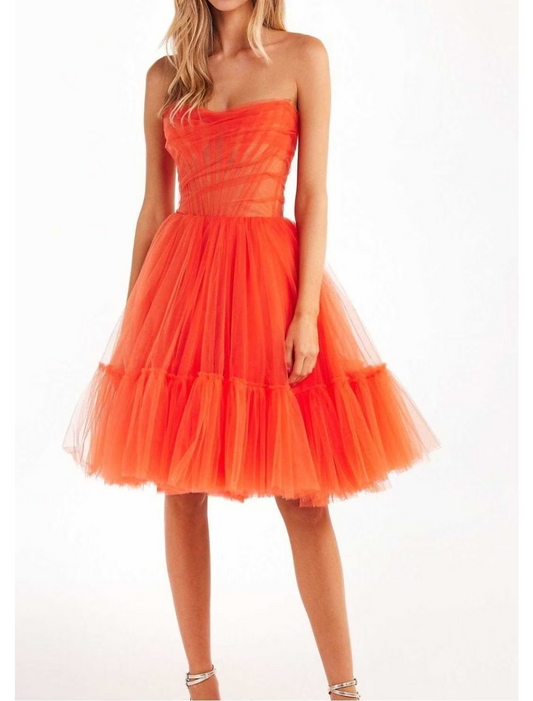 Elegant A-Line Strapless Corset Tulle Pleated Aqua Knee-Length Homecoming Dress.