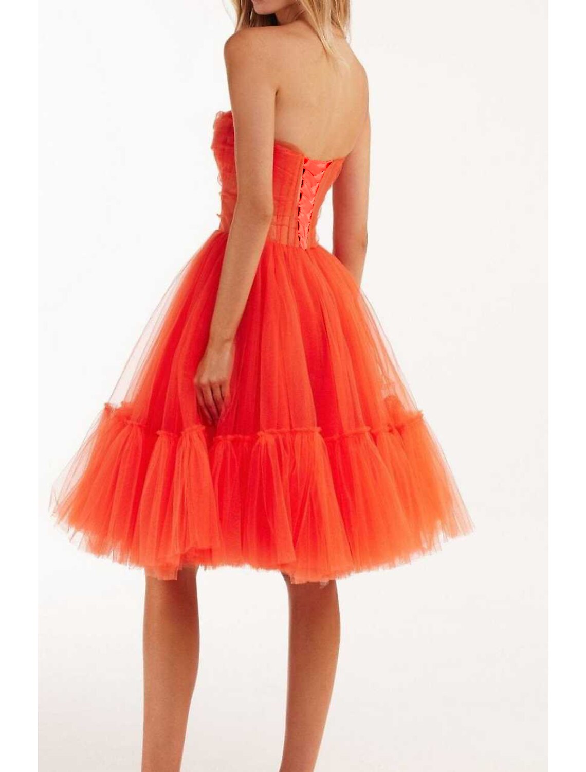 Elegant A-Line Strapless Corset Tulle Pleated Aqua Knee-Length Homecoming Dress.