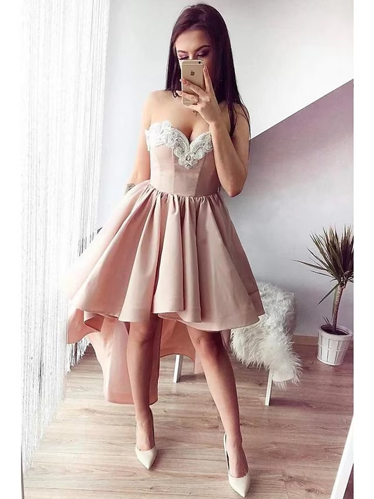 Elegant A-Line Sweetheart Satin Asymmetrical Backless Appliqued Cocktail Dress.