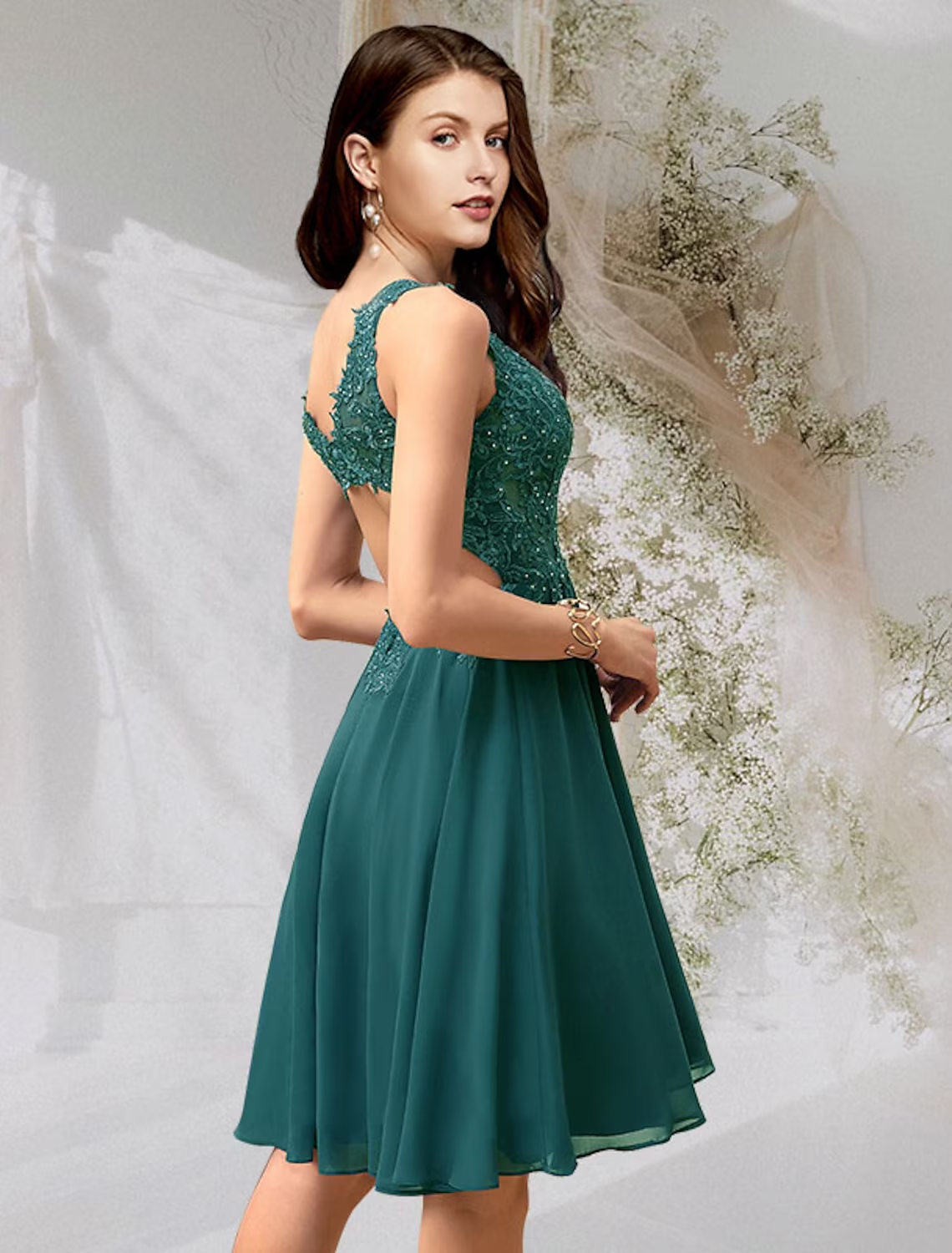 Elegant A-Line V-Neck Flirty Beaded Lace Short Homecoming Dress.
