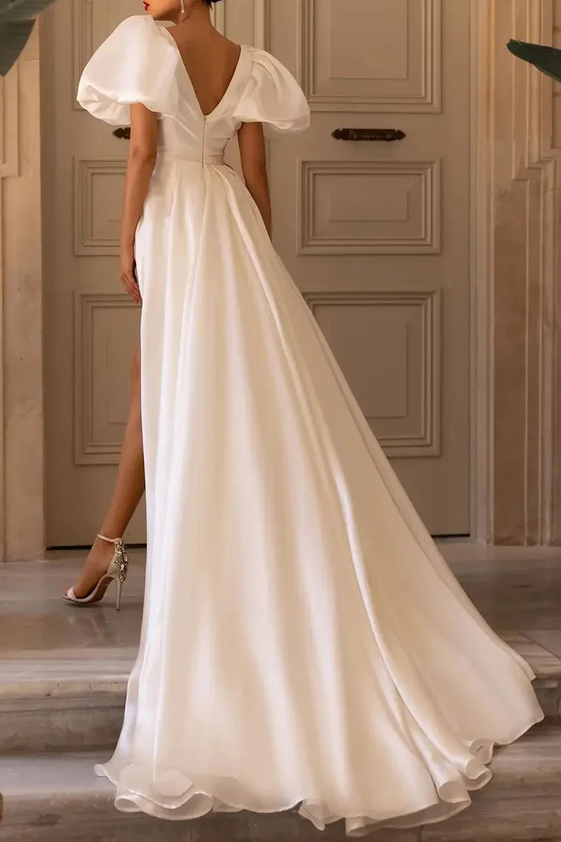 Elegant A-Line V-Neck Puff Sleeve Zipper Back Train Length Wedding Dress
