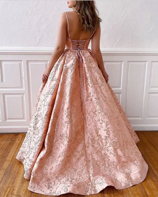 Elegant A-Line V-Neck Spaghetti Strap Floral Brocade Blush Pink Prom Dress.