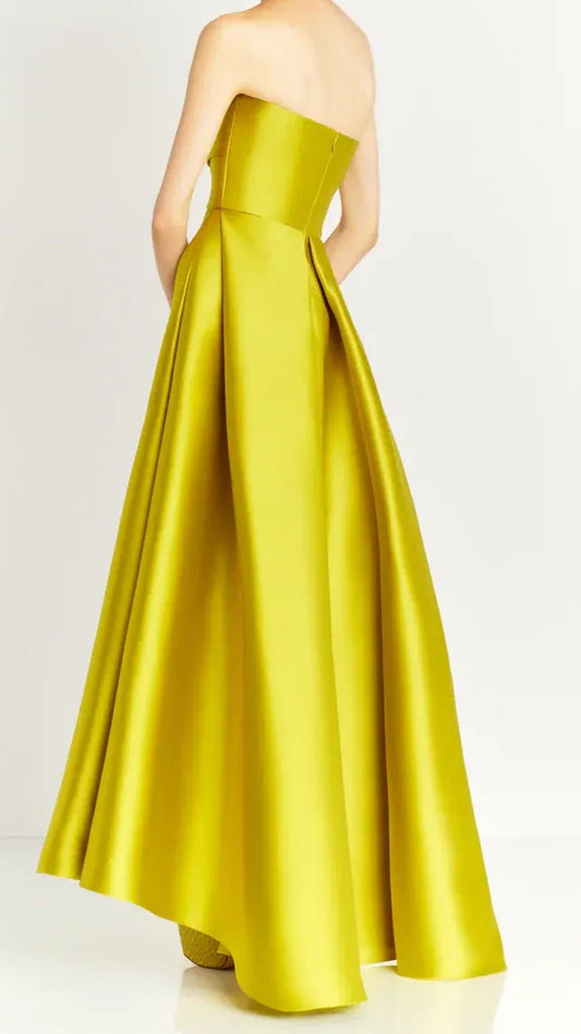 Elegant A-line Strapless High-Low Chartreuse Satin Prom Dress with Zipper Back.