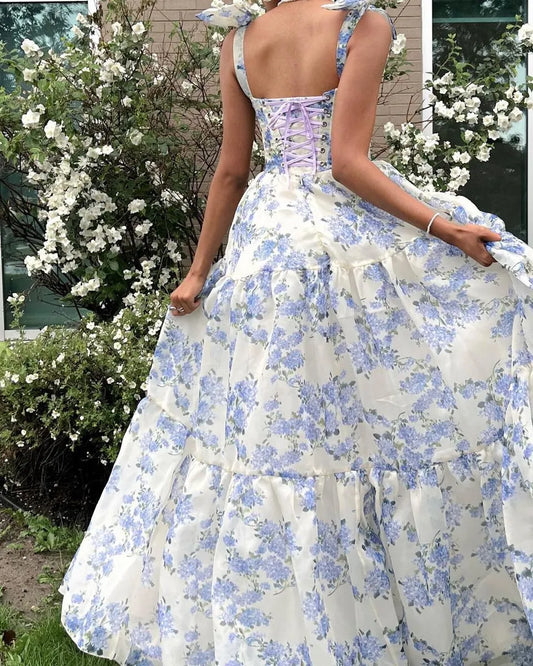 Elegant A-line Sweetheart Bow-strap Floral Lace-up Floor-length Blue Prom Dress.