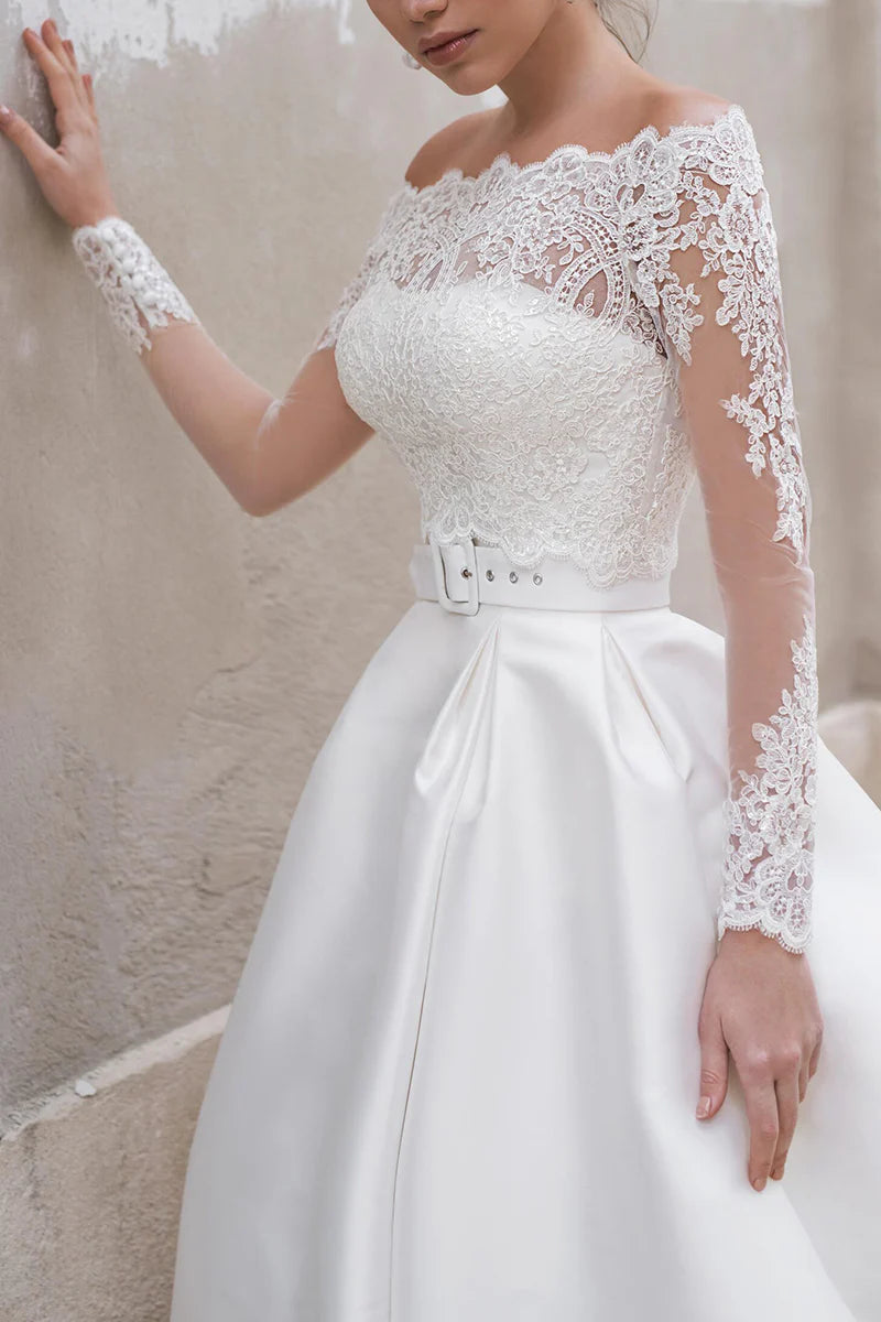 Elegant Ball-Gown Off-the-Shoulder Long-Sleeve Lace-Up Court Train Wedding Dress