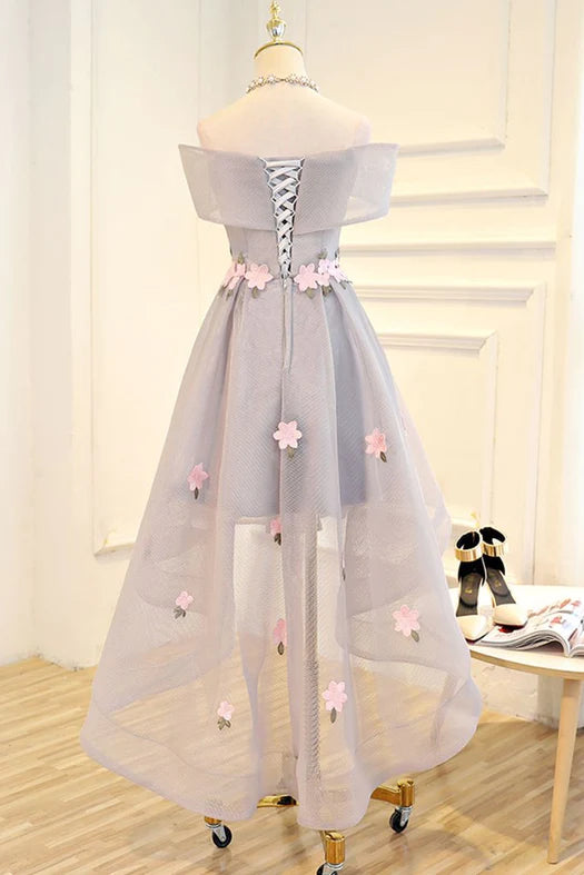 Elegant High-Low Round Neck Tulle Floral Light Grey Party Homecoming Dress.