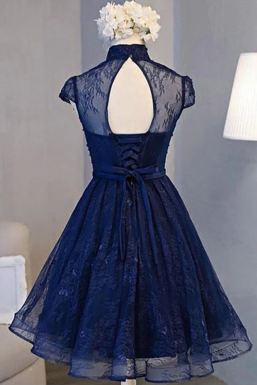 Elegant Lace Round Neck Party Homecoming Dress Navy Blue Knee Length.