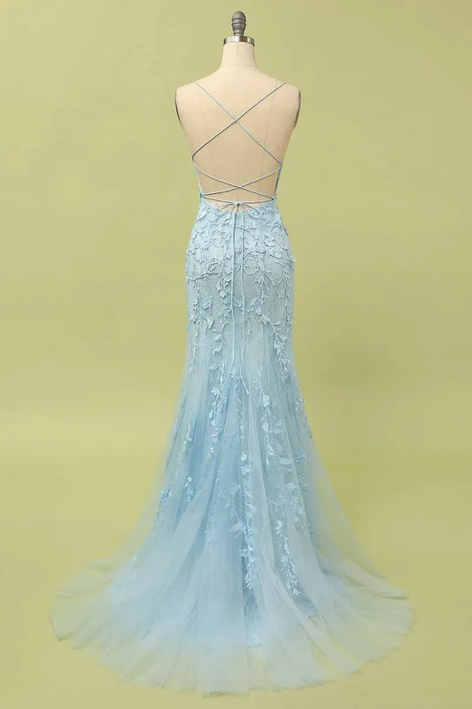 Elegant Mermaid Floral Lace Light Blue Prom Dress with Lace-Up Back.