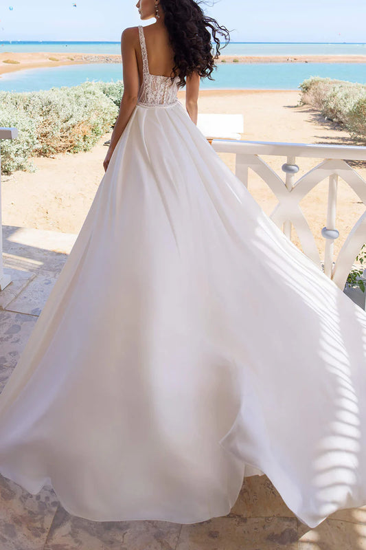 Elegant Mermaid Square Neck Spaghetti Strap Button Back Train Length Wedding Dress