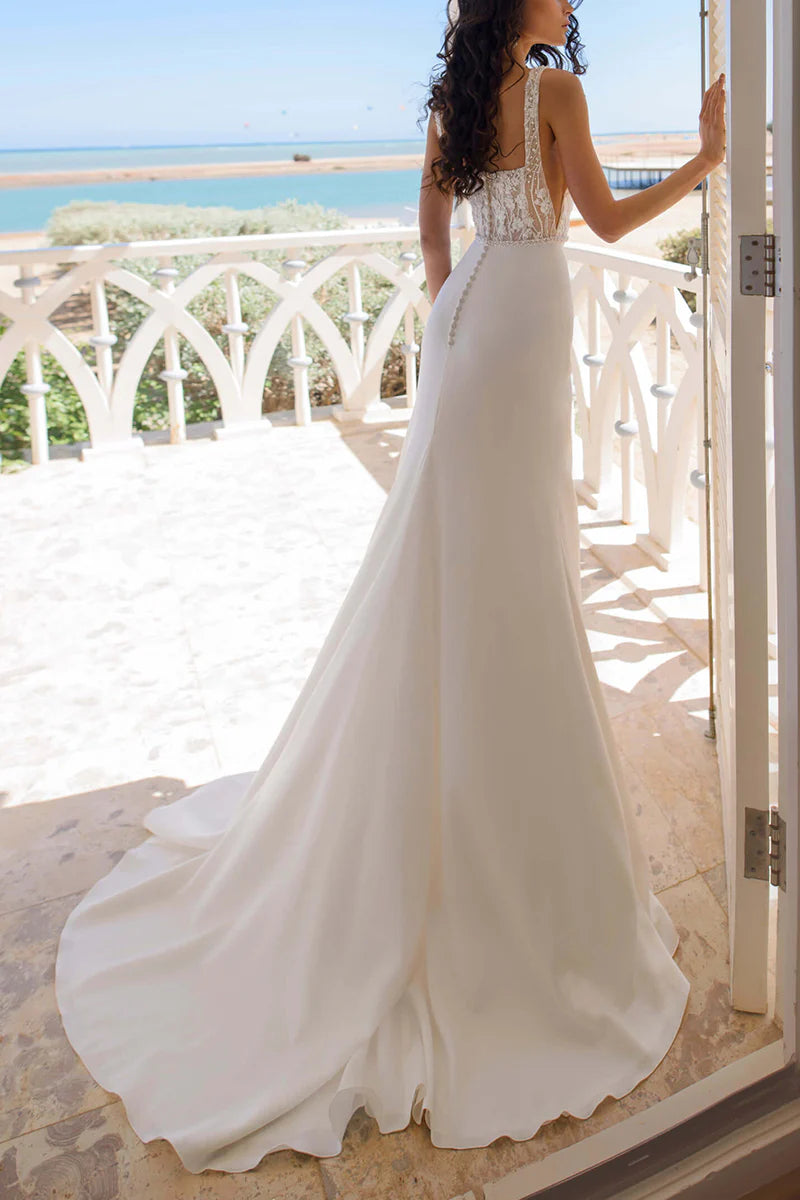 Elegant Mermaid Square Neck Spaghetti Strap Button Back Train Length Wedding Dress