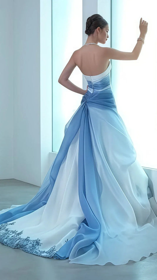Elegant Mermaid Strapless Ombre Lace Train-Length Blue-White Prom Dress.