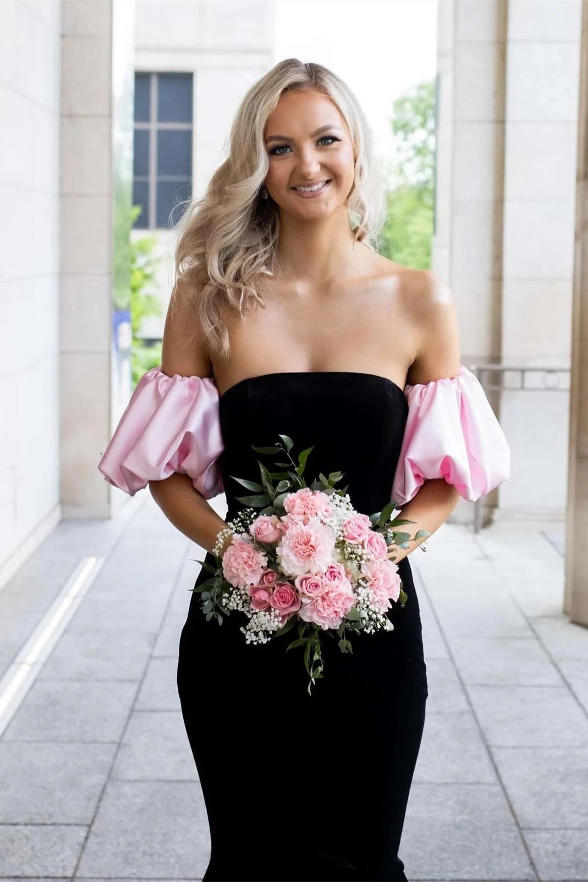 Elegant Mermaid Strapless Puff Sleeves Open Back Sweep Train Black Evening Dresses