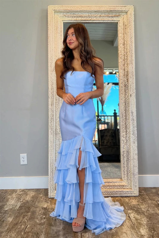 Elegant Mermaid Strapless Sleeveless Backless Ruffle Slit Chiffon Evening Dresses
