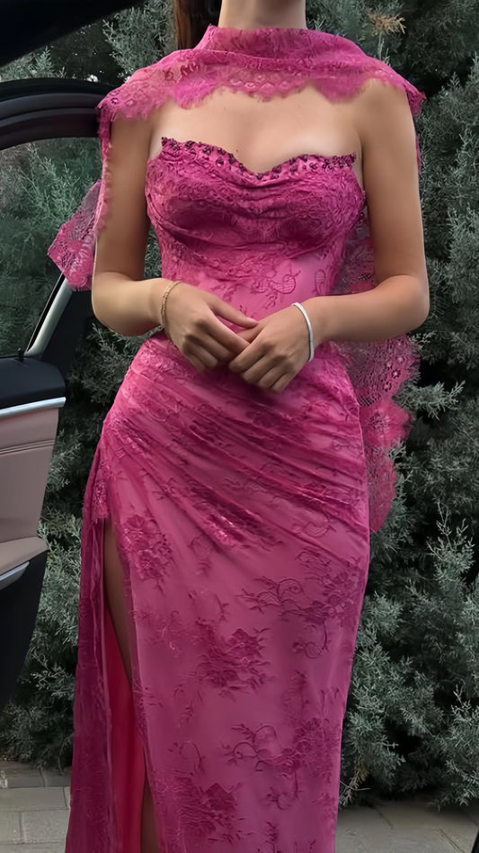 Elegant Mermaid Strapless Sweetheart Lace High-Slit Hot Pink Floor-Length Prom Dress.