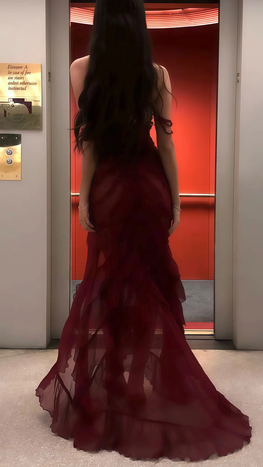 Elegant Mermaid Sweetheart Spaghetti Strap Ruffle Slit Burgundy Floor-Length Prom Dress.
