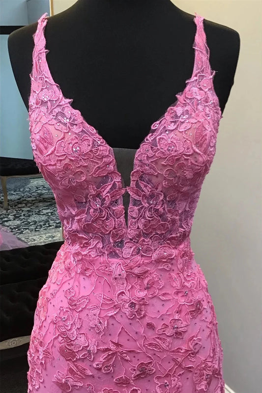 Elegant Mermaid V-Neck Sleeveless Open Back Slit Tulle Evening Dresses