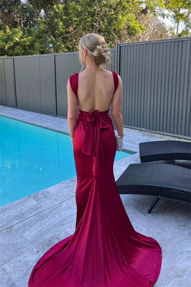 Elegant Mermaid V-neck Knotted Straps Low Back Bow Floor-length Evening Prom Dress