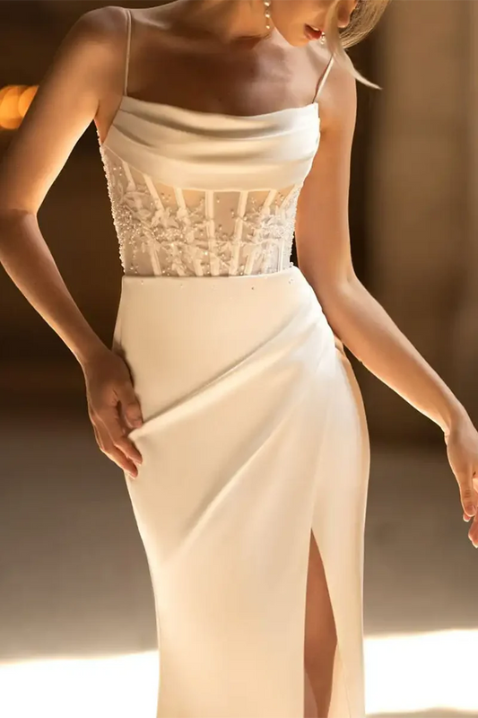 Elegant Sheath Cowl-Neck Spaghetti-Strap Corset-Back Train-Length Wedding Dress