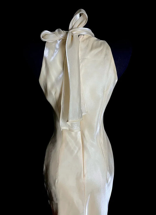 Elegant Sheath Halter Tie-Back Ruffled Champagne Midi Prom Dress.