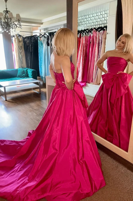 Elegant Strapless A-Line Taffeta Fuchsia Prom Dress with Large Bow.