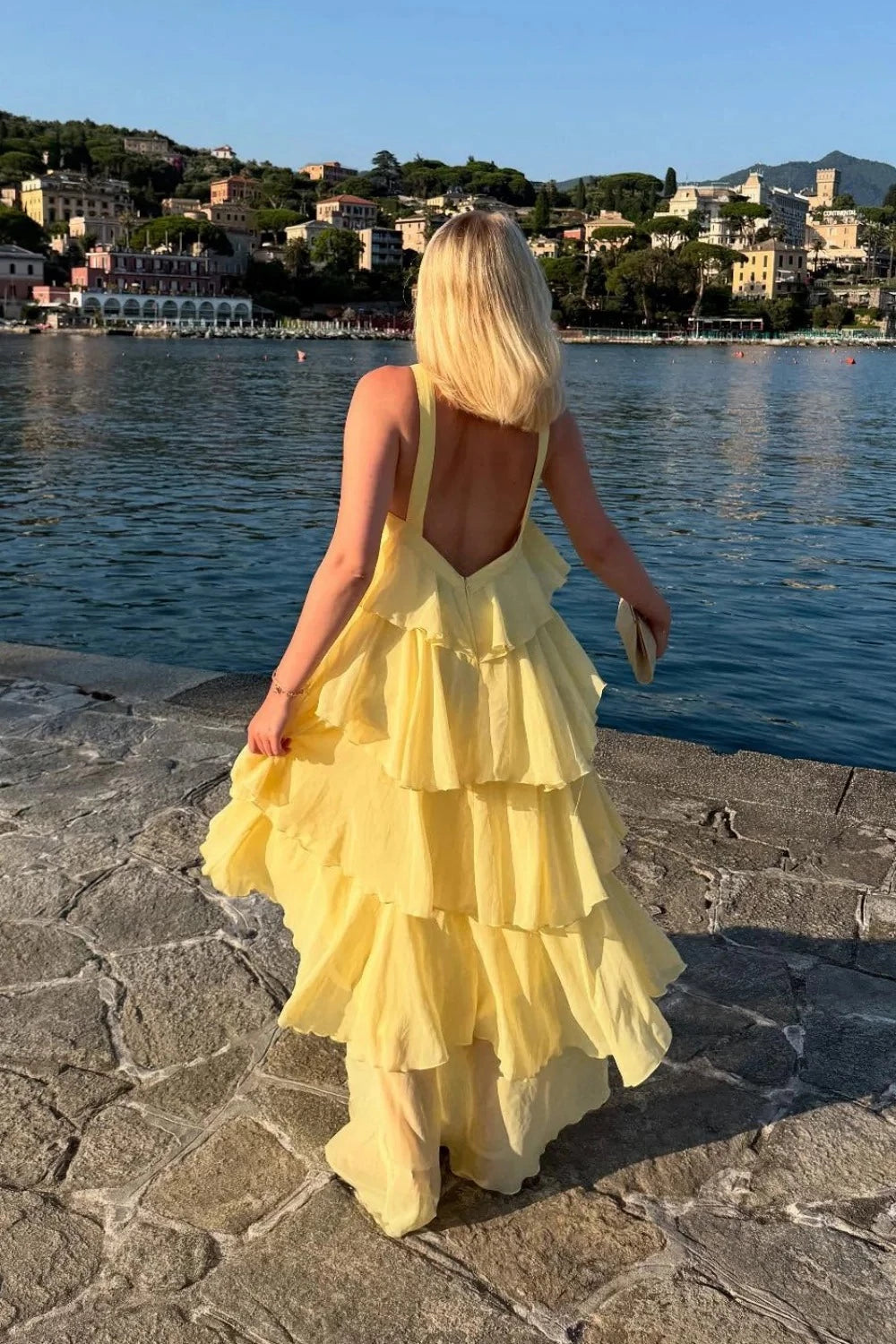 Elegant Yellow Halter Neck Sleeveless Open Back Tiered Ruffle Chiffon Evening Dresses