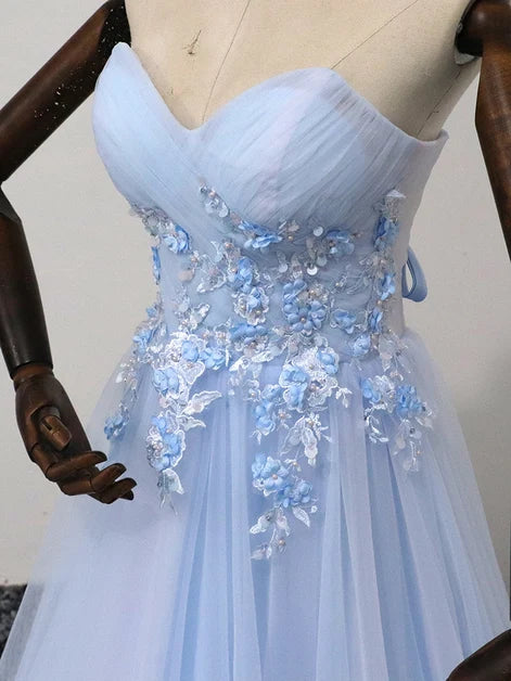 Light Blue Strapless Sweetheart Tulle Prom Dress 3D Floral Lace Corset Back