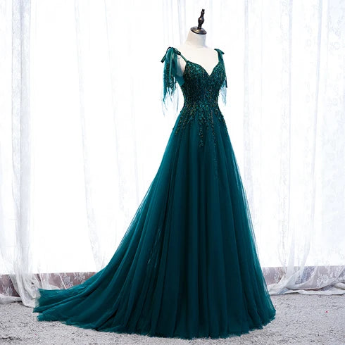 Teal V Neck Tulle A Line Prom Dress Beaded Lace Up Back With Tassel Straps