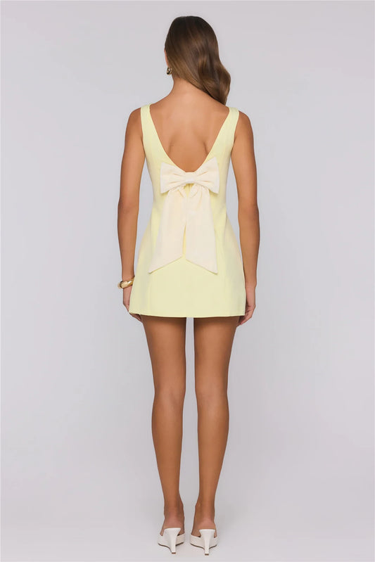 Lemon Crepe A-Line Boat Neck Back Zip Short Dress
