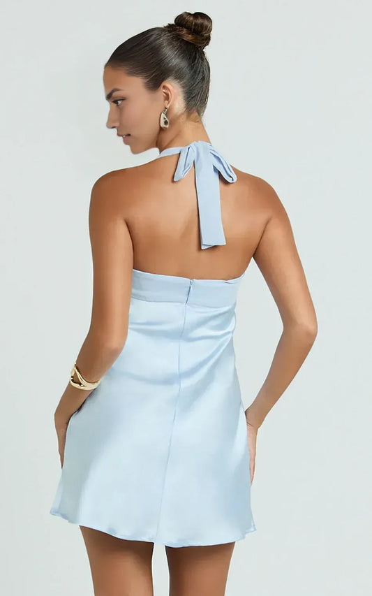 Sky Blue Satin A-Line Halter neckline Open Back Short Dress