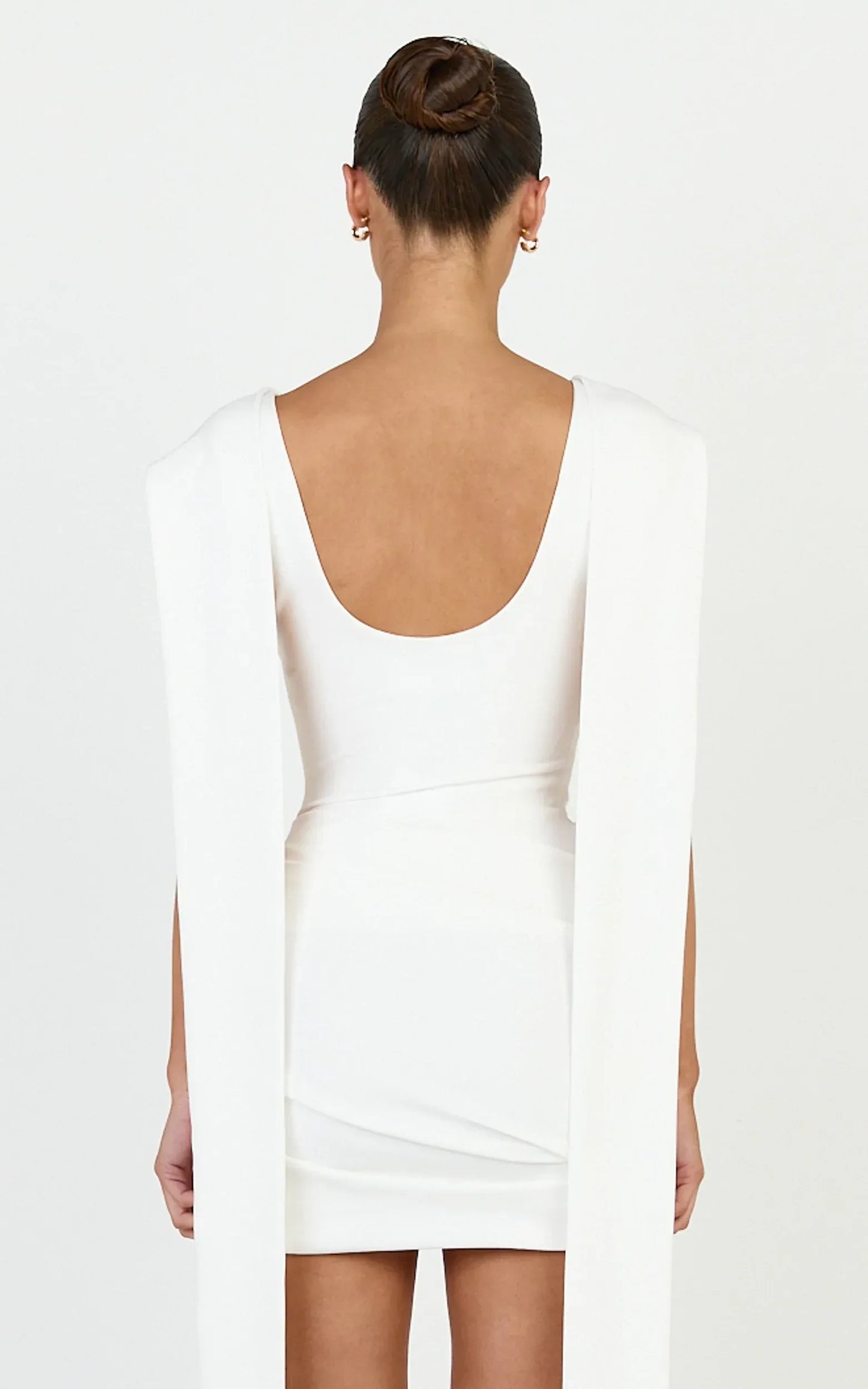 Elegant Fitted Cowl Neck Sleeveless Scoop Back Mini Homecoming Dresses with Flowing Cape Details