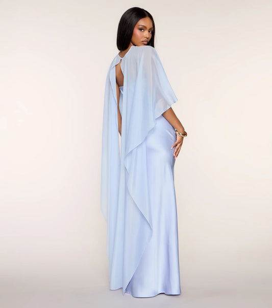 Elegant Fitted Mermaid Strapless Gown with Sheer Cape Overlay and Keyhole Back Floor-Length Prom Dresses