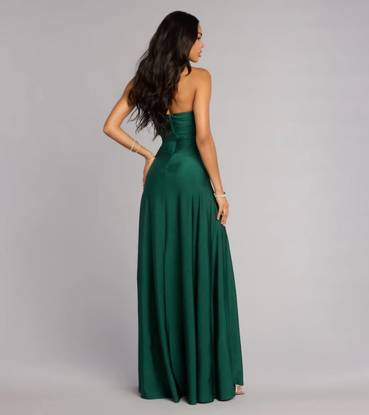 Elegant Strapless Ruched Bodice High Slit A-Line Floor-Length Prom Dress with Sleek Back