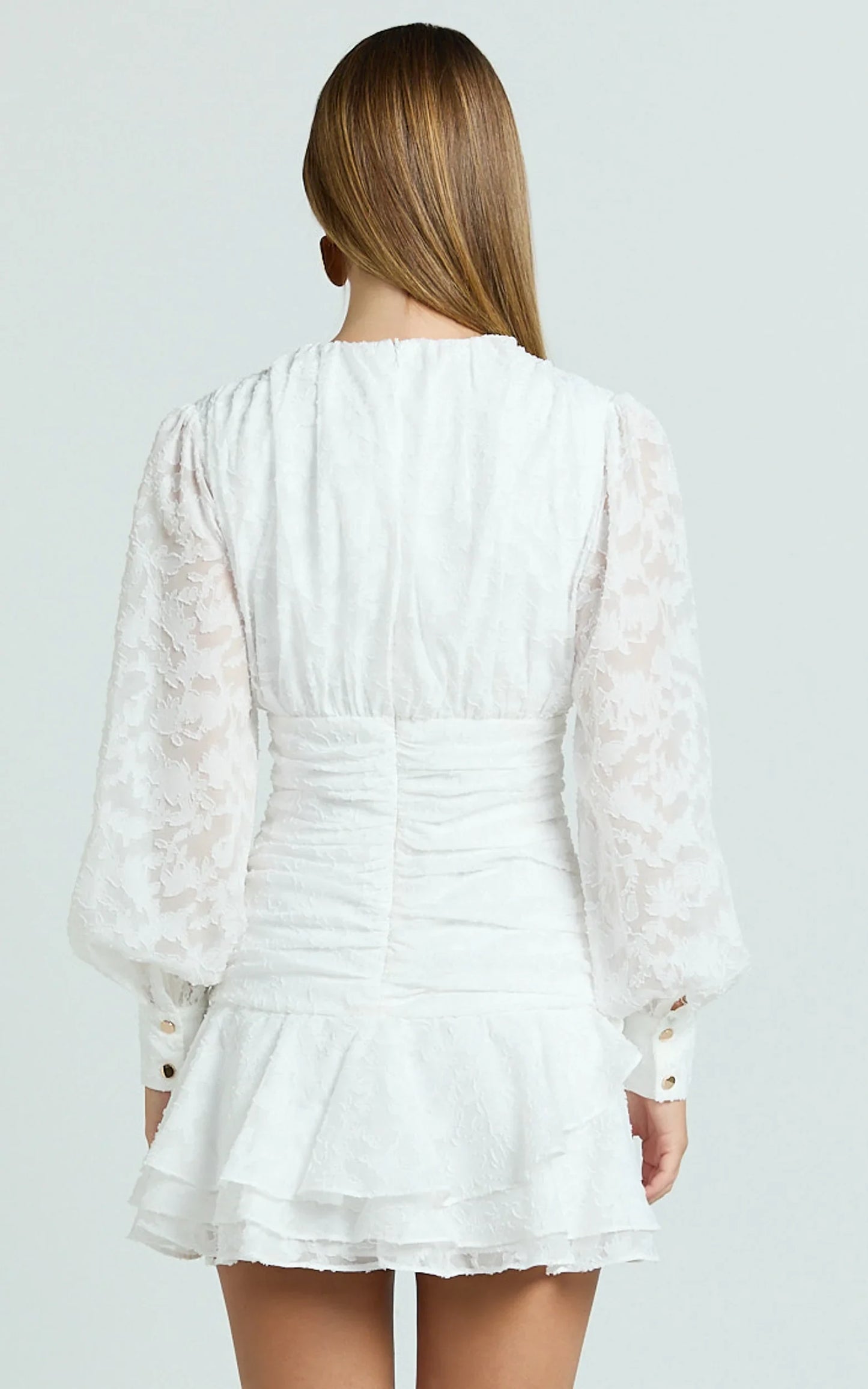 Elegant Textured A-Line Deep V-Neck Long Balloon Sleeve Ruched Back Mini Homecoming Dresses