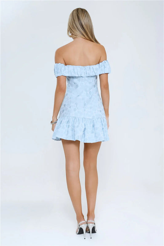 Sky Blue Satin A-Line Off-the-Shoulder Back Zip Short Dress