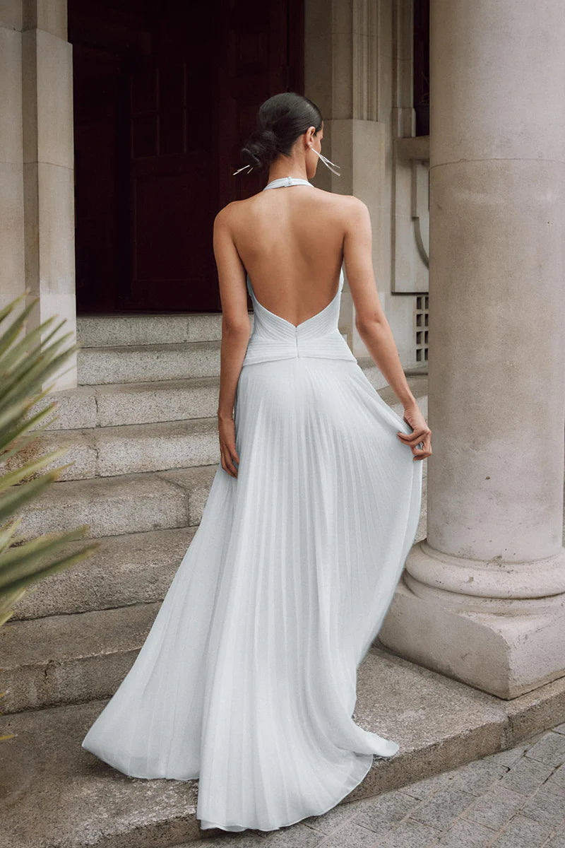 Ethereal A-Line Halter Neck Sleeveless Open Back Floor Length Wedding Dress