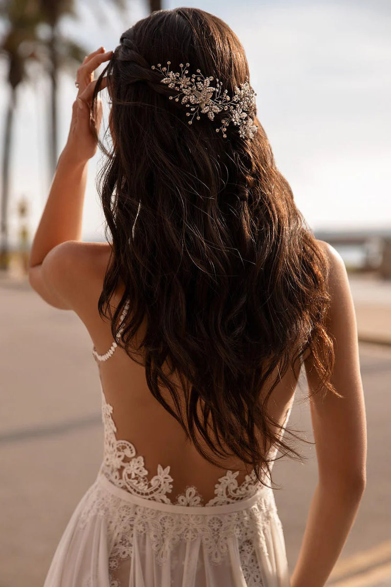 Ethereal A-Line Halter-Neck Sleeveless Open-Back Train-Length Wedding Dress