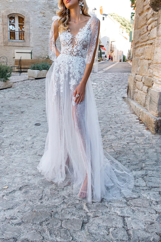 Ethereal A-Line Plunge V Neck Sheer Sleeve Lace Back Train Length Wedding Dress