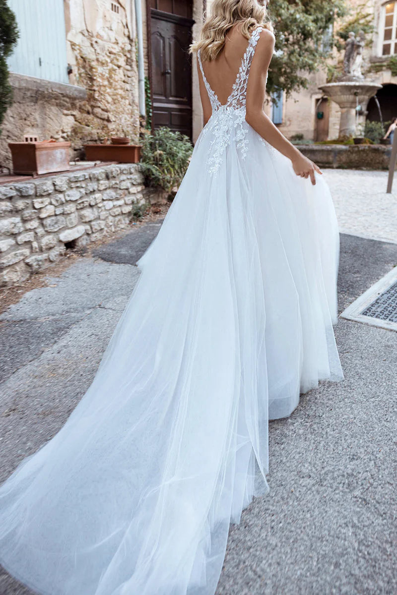Ethereal A-Line Plunge V Neck Sleeveless Lace Back Train Length Wedding Dress