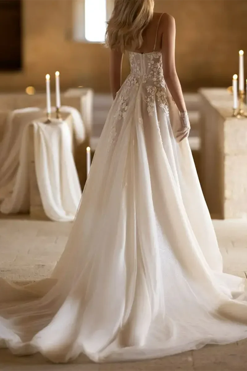 Ethereal A-Line Sweetheart Spaghetti-Strap Lace-Up-Back Train-Length Wedding Dress