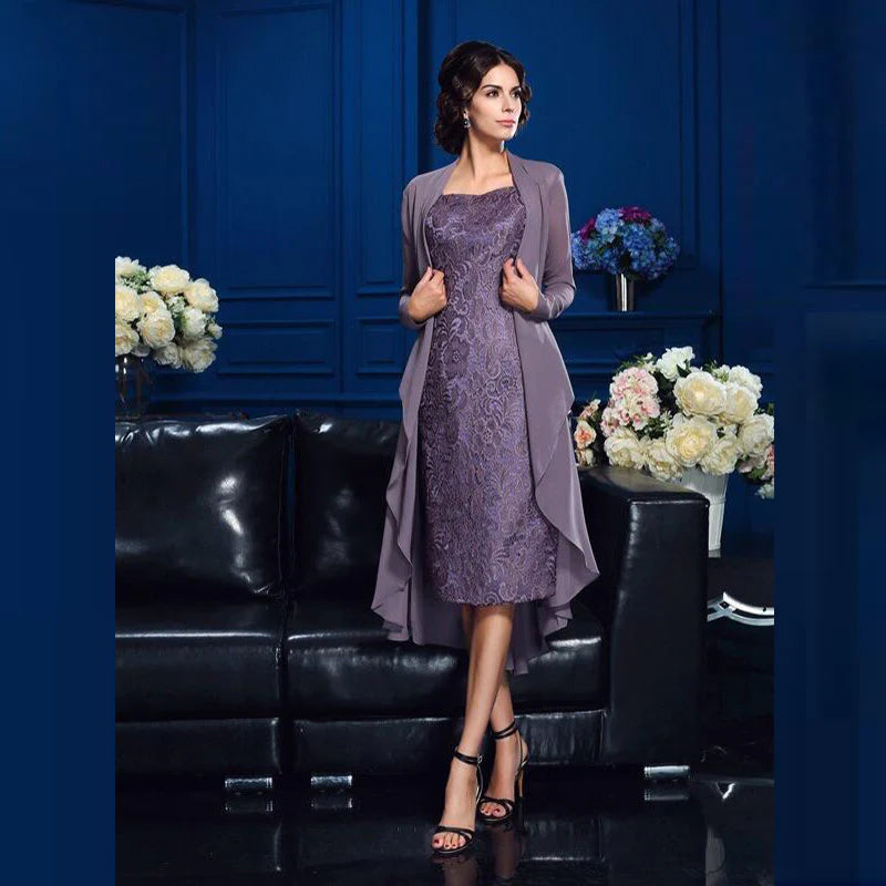 Mother of the Bride Dresses Exquisite Chiffon Lace Knee Length Sheath Sleeveless With Jacket