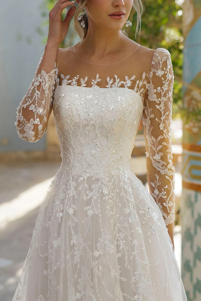 Fairytale A-Line Illusion Square Neck Long Sleeve Lace Up Back Train Length Wedding Dress
