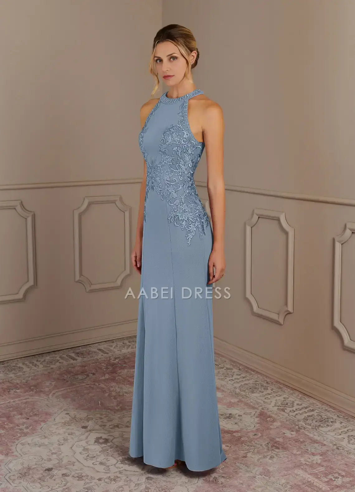 AABEI DRESS Wedding Guests Dresses Charming Mermaid Halter Lace Applique Beadwork Illusion Back Exquisite Mother of the Bride Dress