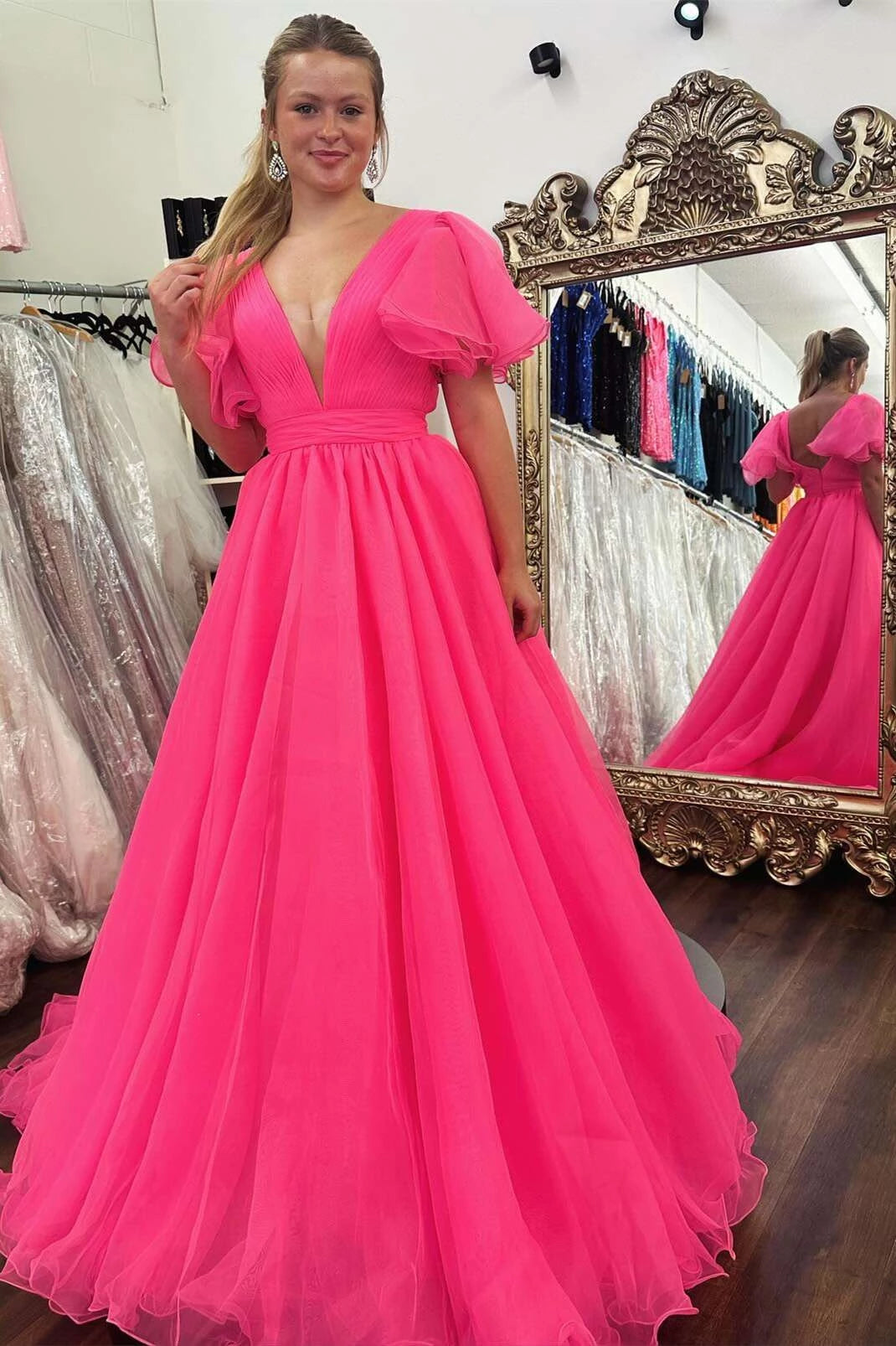 Glamorous A-Line Deep V-Neck Flutter Sleeves Open Back Floor-Length Hot Pink Evening Dresses