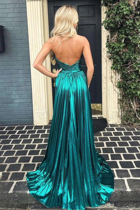 Glamorous A-Line Halter Sleeveless Open Back Sweep Train Teal Metallic Evening Dresses