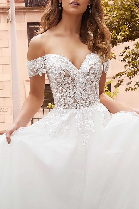 Glamorous A-Line Off-the-Shoulder Cap-Sleeve Open-Back Wedding Dress