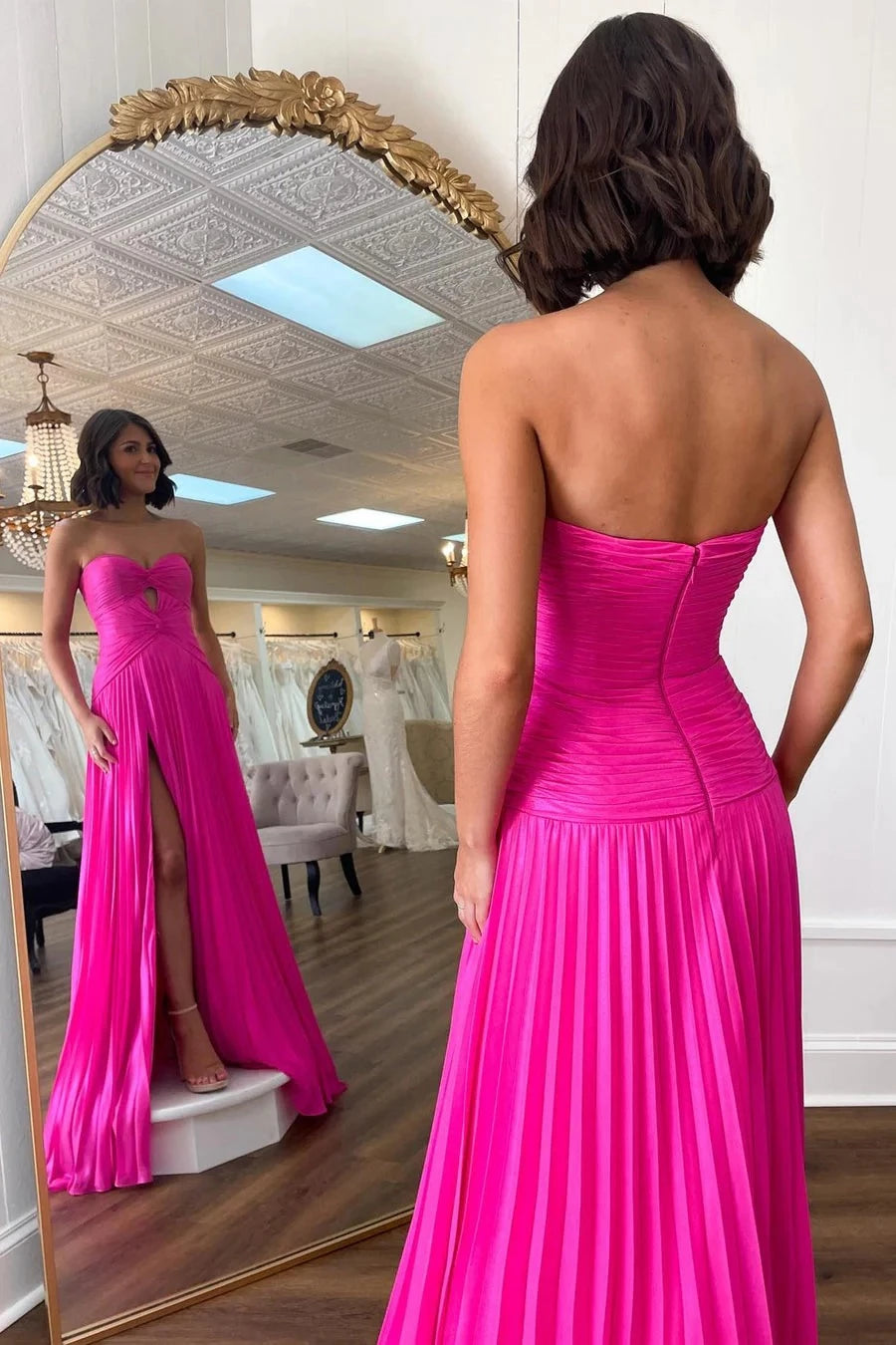 Glamorous A-Line Strapless Sleeveless Open Back Floor-Length Hot Pink Pleated Evening Dresses
