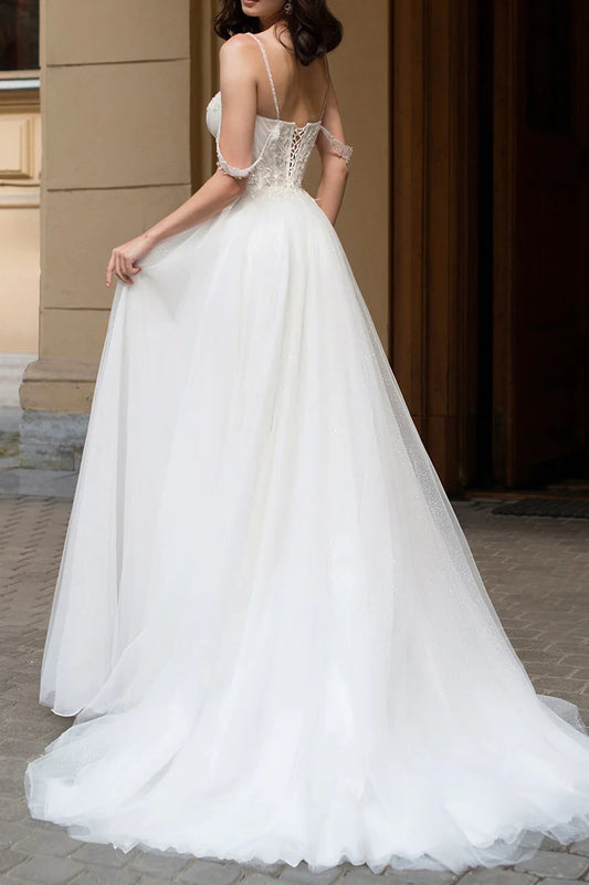Glamorous A-Line Sweetheart Spaghetti Strap Lace-Up Court Train Wedding Dress