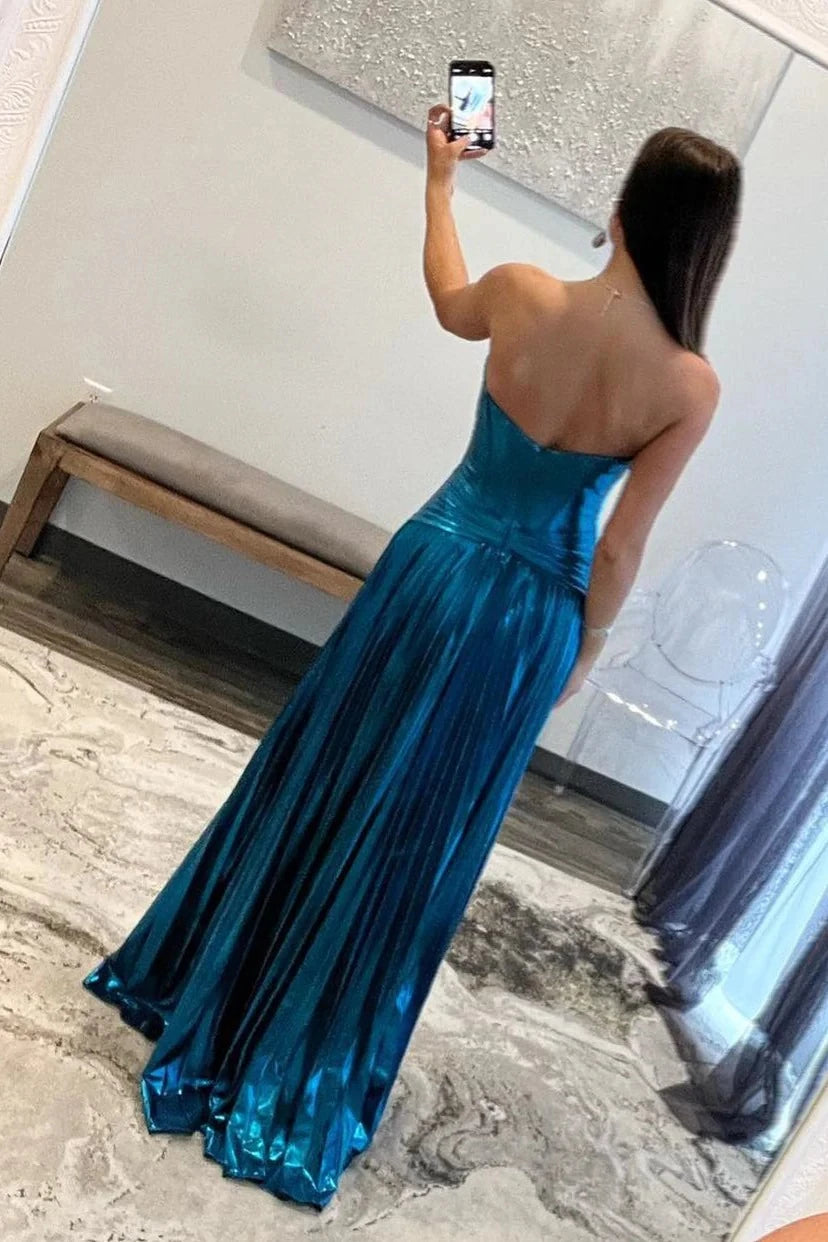 Glamorous A-Line Sweetheart Strapless Sleeveless Open Back Floor-Length Teal Metallic Evening Dresses